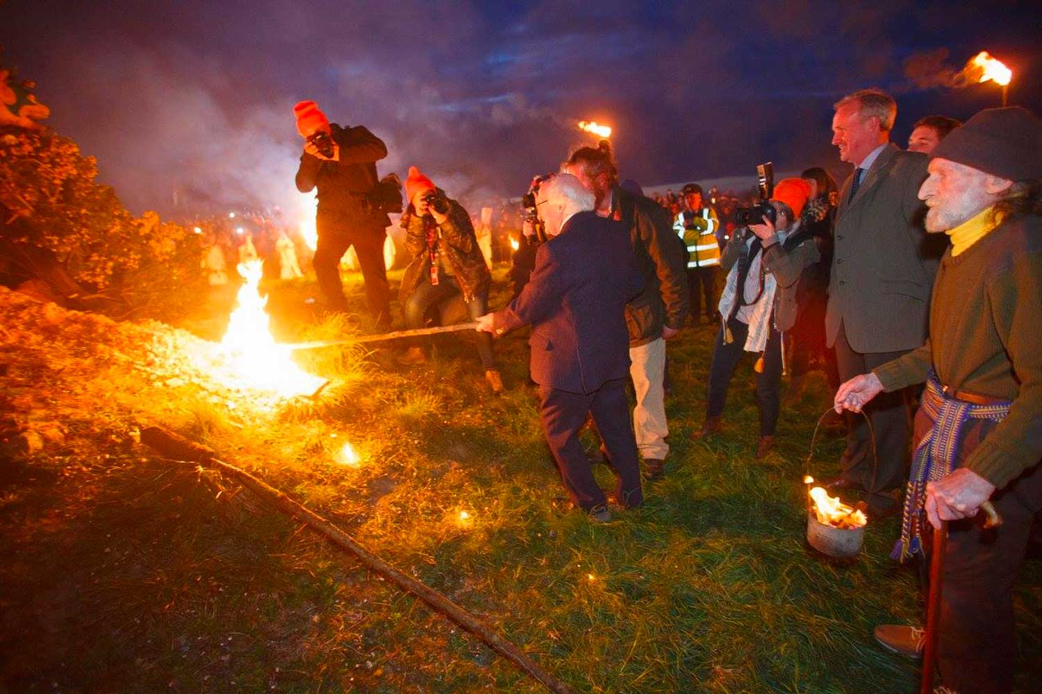 Michael D Higgins lighting the Bealtaine fire at Uisneach